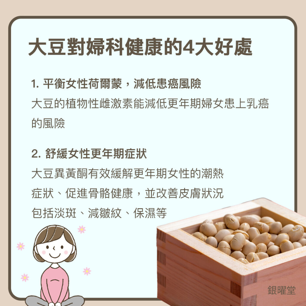 大豆對婦科健康的4大好處:
1. 平衡荷爾蒙,降低更年期婦女患上乳癌的風險;
2. 舒緩女性更年期症狀