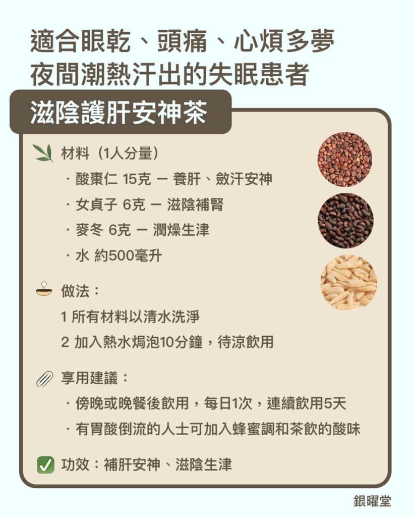材料：
酸棗仁 15克
女貞子 6克
麥冬 6 克
水 500毫升

做法：
1 酸棗仁稍炒至微香，與其他材料一同放入茶包或紗布包。
2 加水煮沸後小火煎煮20分鐘，過濾飲用

適應人群：頭暈痛、眼乾目赤、煩躁易怒、入睡困難、多夢易醒的人士

享用建議：黃昏或晚餐後飲服，每日1次，連續飲用1週調理效果更好。

注意：酸棗仁味酸，有胃酸倒流的患者不宜多服，或加入蜂蜜調味飲用。