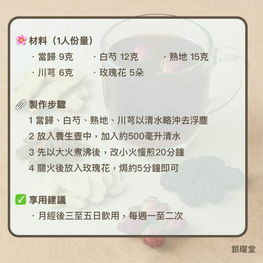 所需材料 (1人份量)：
當歸9g
白芍12g
熟地15g
川芎6g
玫瑰花 5朵  

做法：
1 將材料洗淨並略為浸泡
2 除玫瑰花以外，將所有材料加入500ml清水煮沸後轉小火煮15分鐘
3 最後加入玫瑰花悶泡5分鐘即可享用